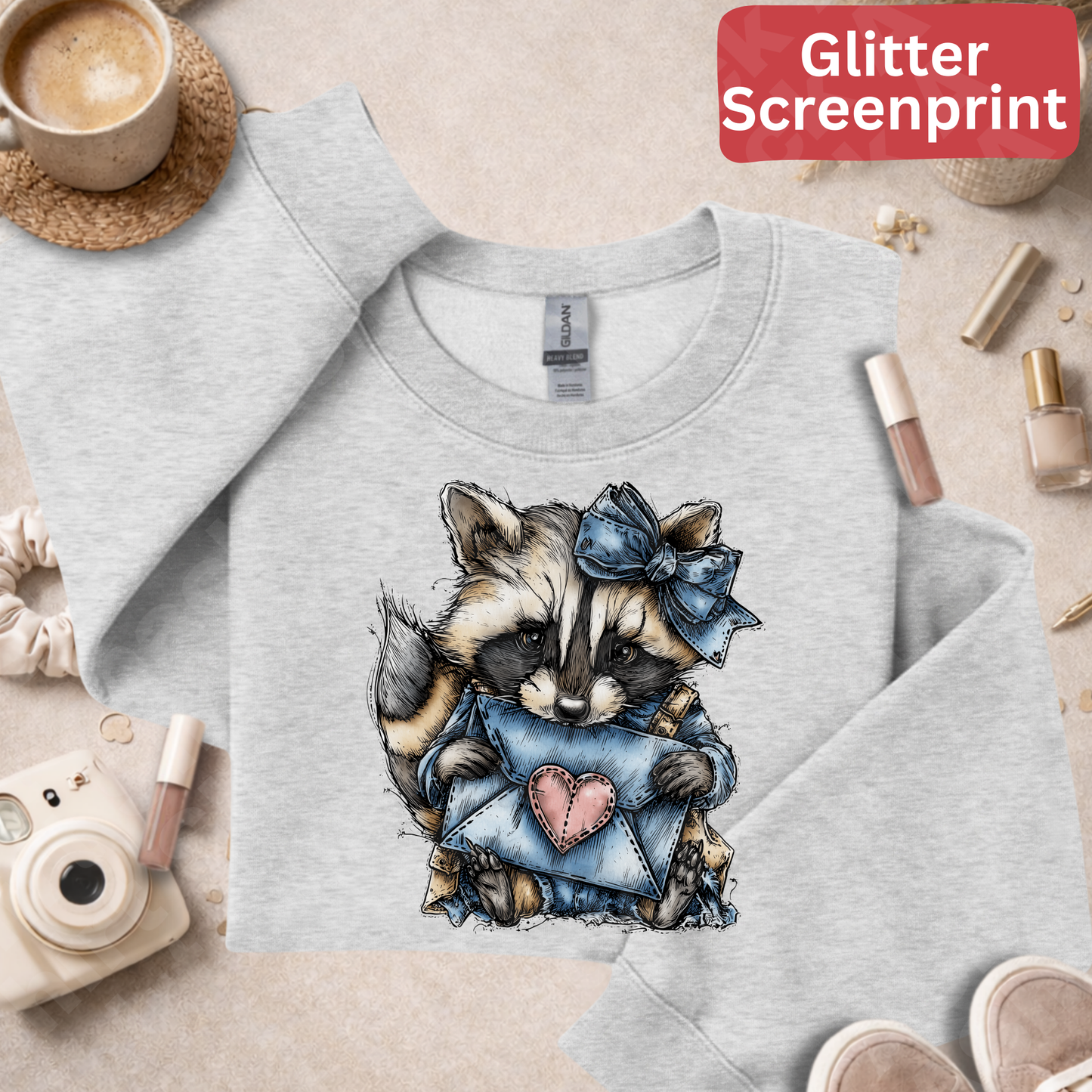 55 denim raccoon (Glitter Screenprint)