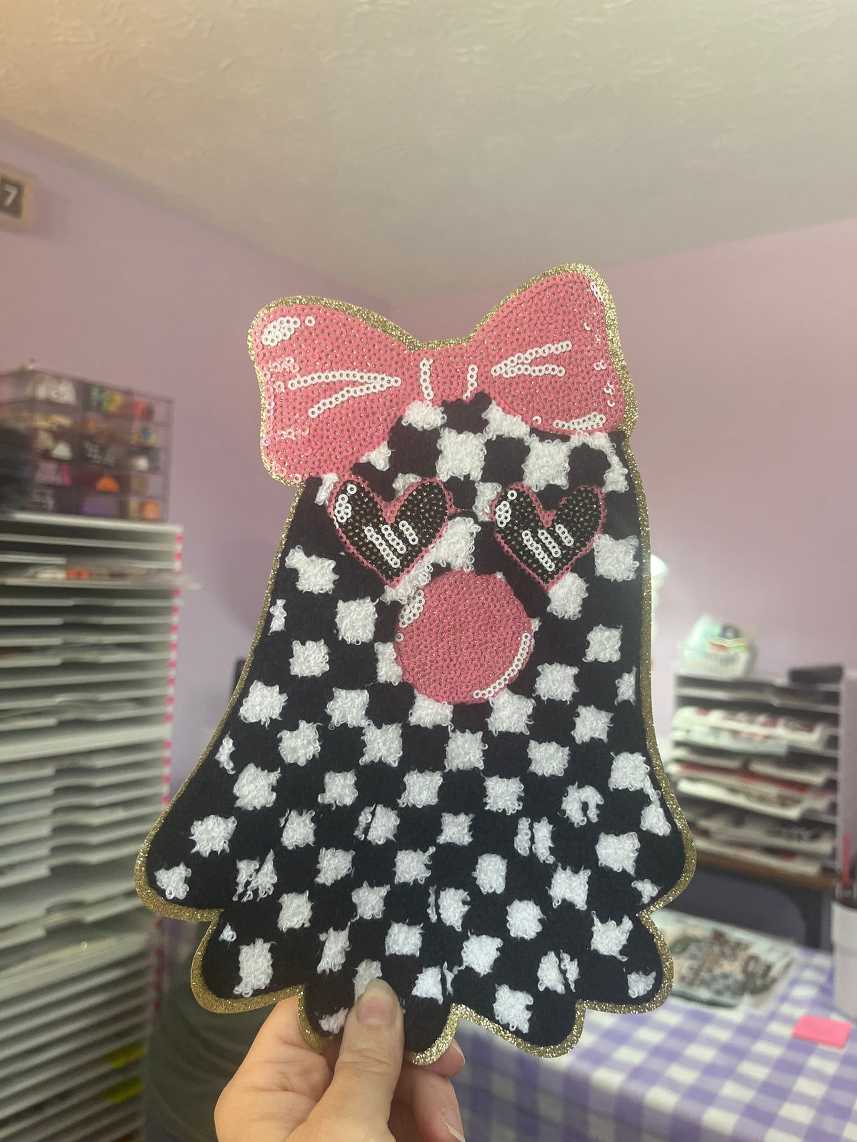 Checkered Bubblegum Ghost Chenille Patch