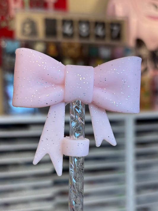 Baby Pink Glitter-Bow Straw Topper