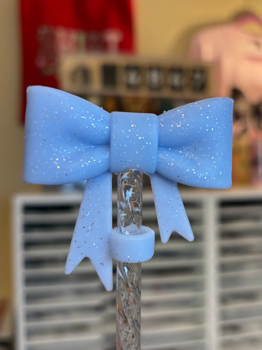Blue Glitter-Bow Straw Topper