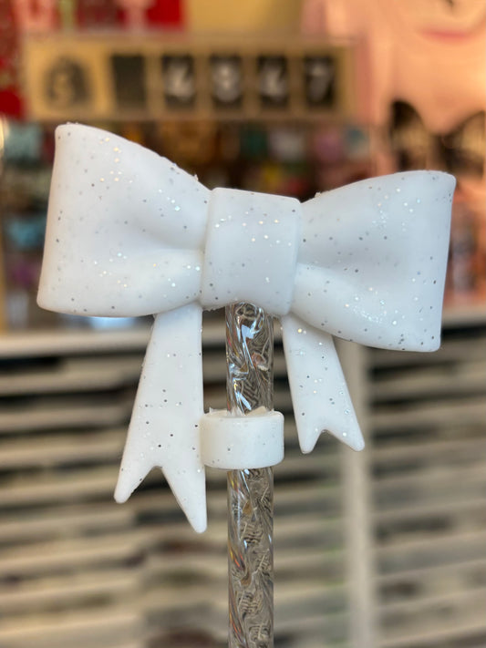 White Glitter-Bow Straw Topper