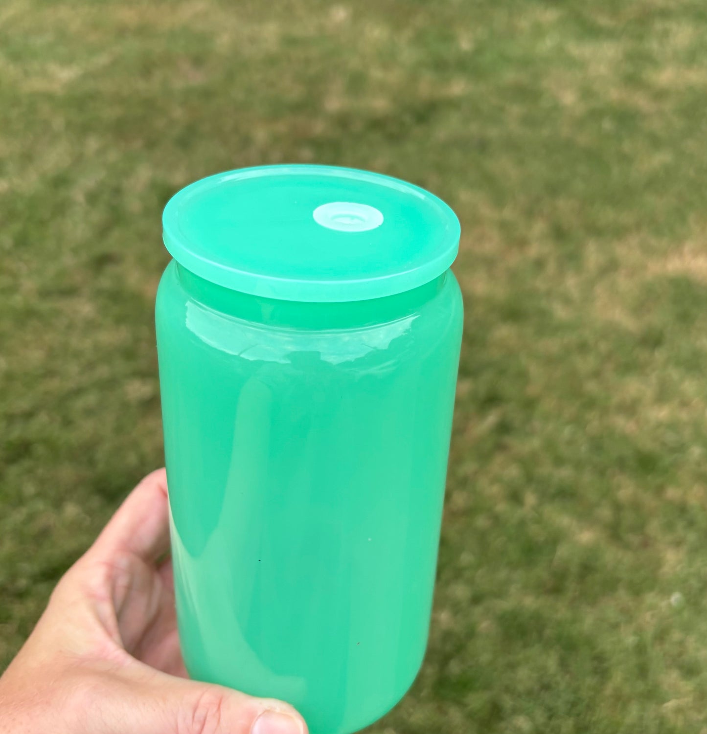 16oz Green Glass Cup with Acrylic Lid—Blank Cup