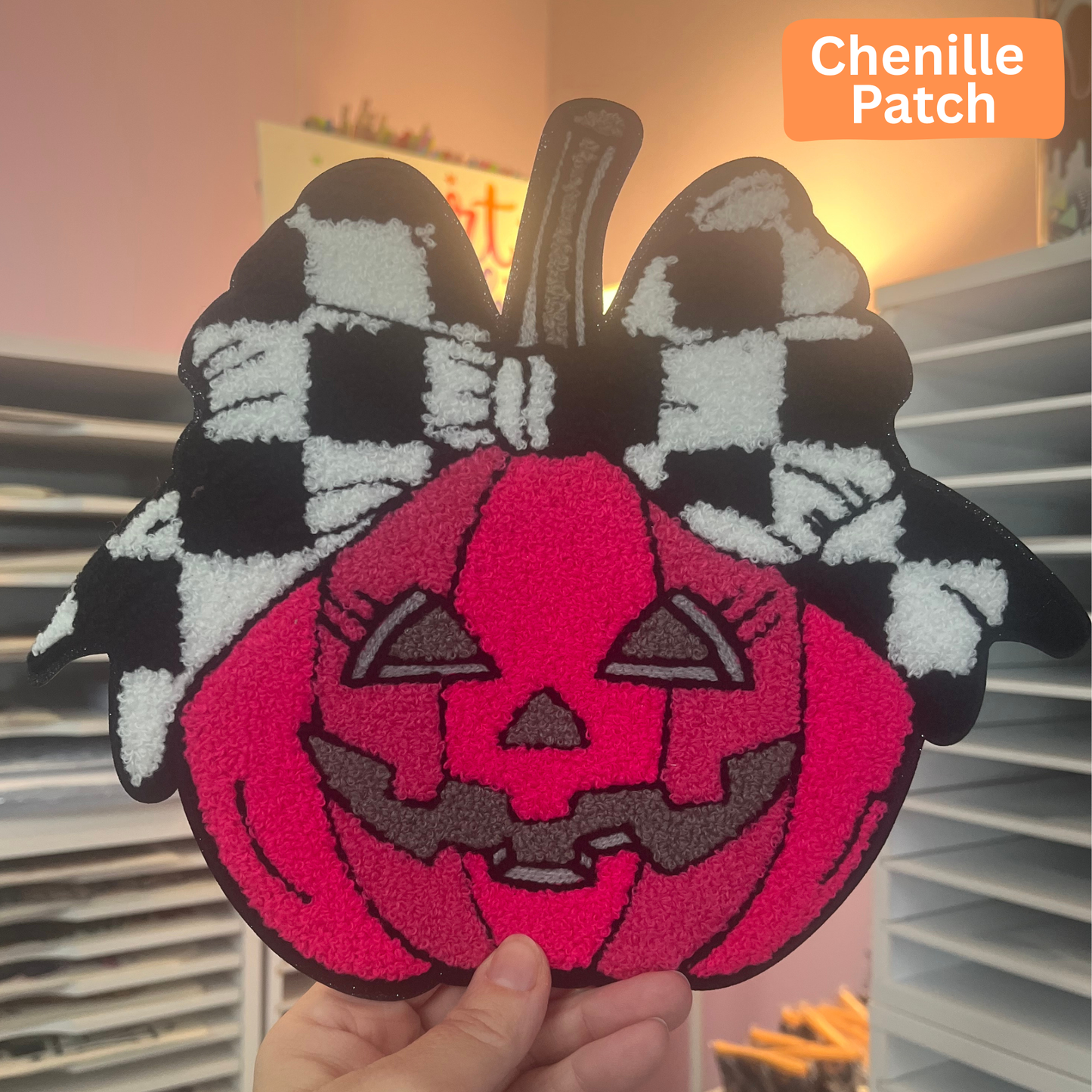 Checkered Bow Pumpkin Chenille Patch