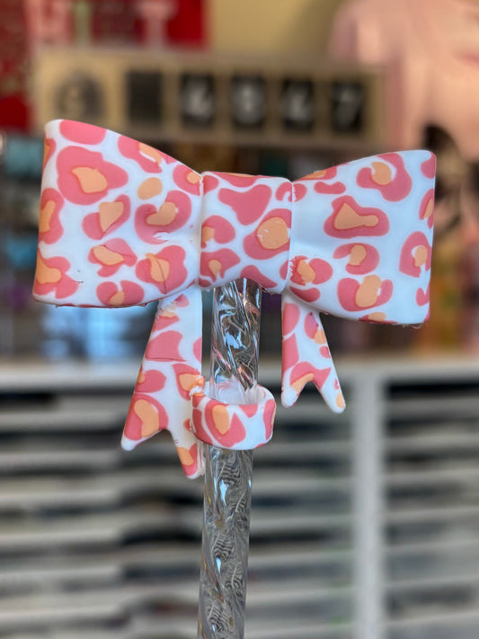 Coral Cheetah-Bow Straw Topper