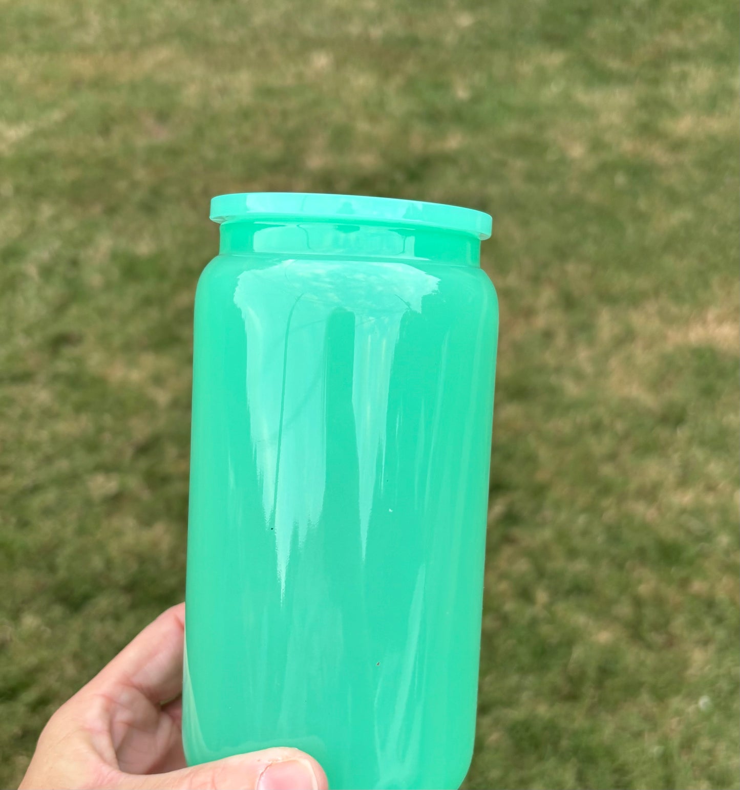 16oz Green Glass Cup with Acrylic Lid—Blank Cup