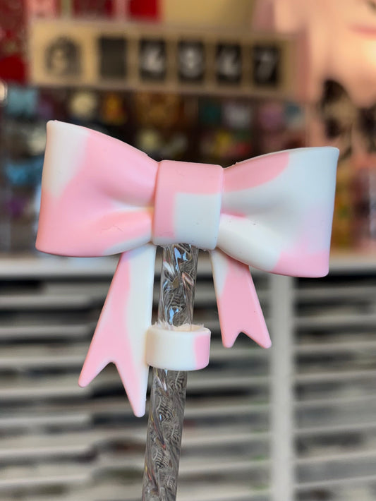 Pink/White Swirl-Bow Straw Topper