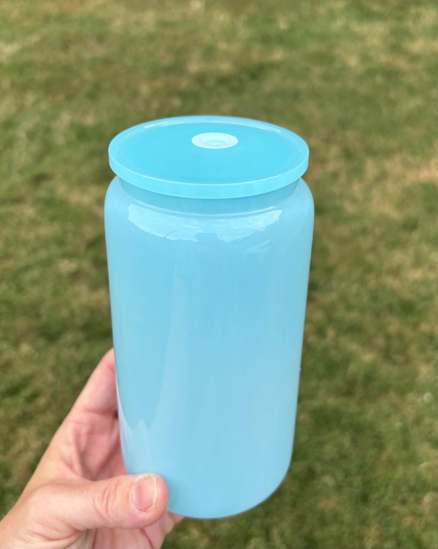 16oz Blue Glass Cup with Acrylic Lid—Blank Cup