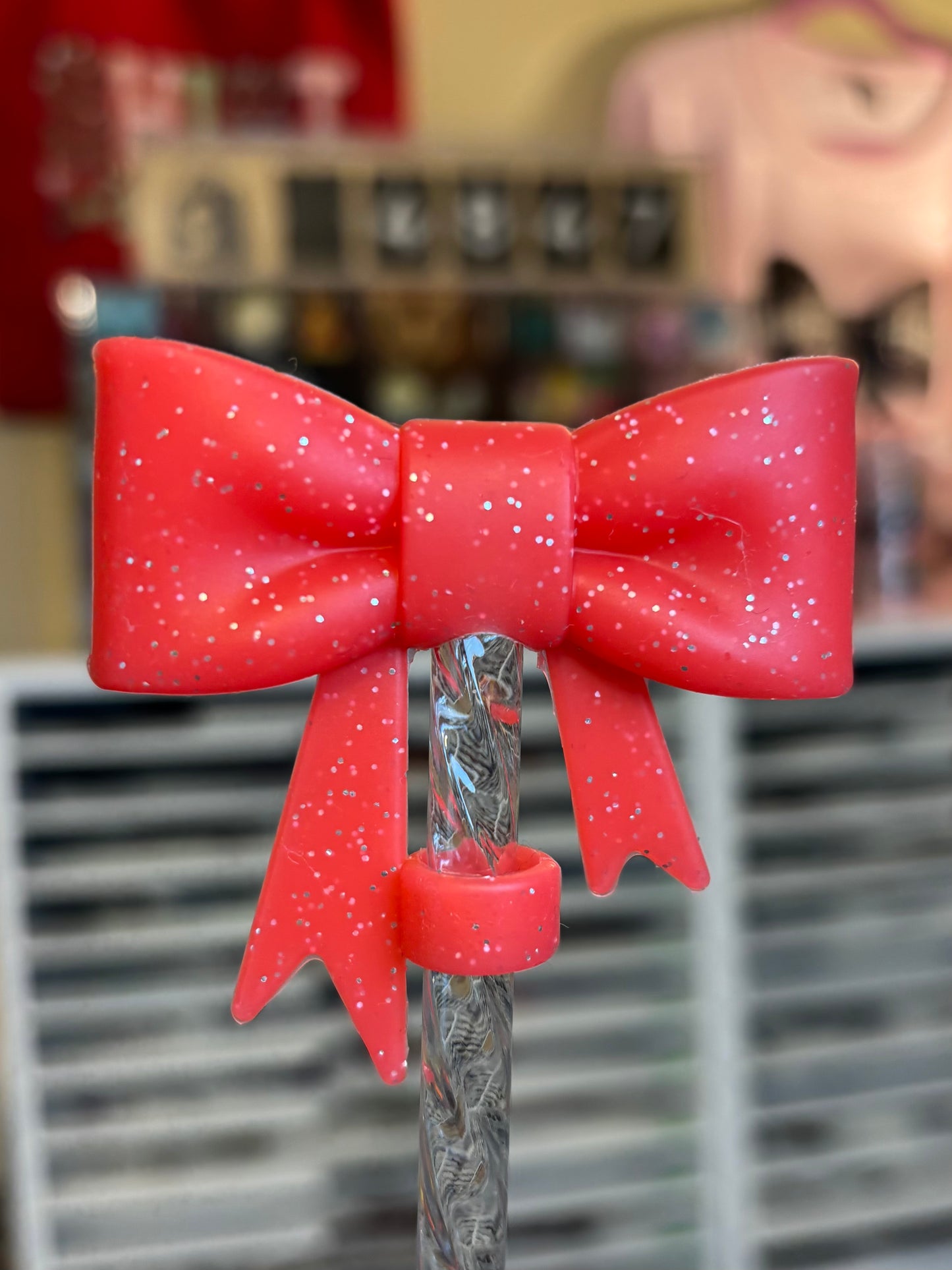 Red Glitter-Bow Straw Topper