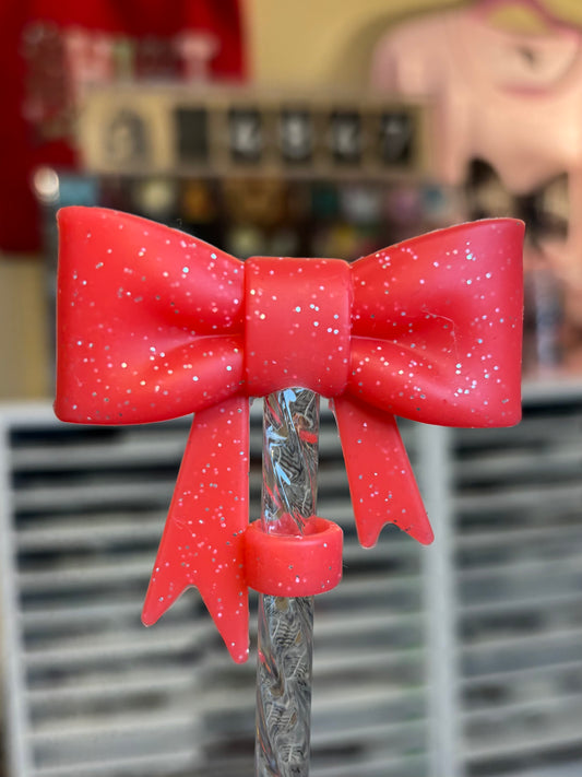 Red Glitter-Bow Straw Topper