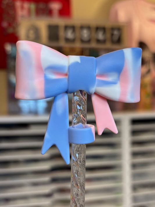 Blue/Pink/White-Bow Straw Topper