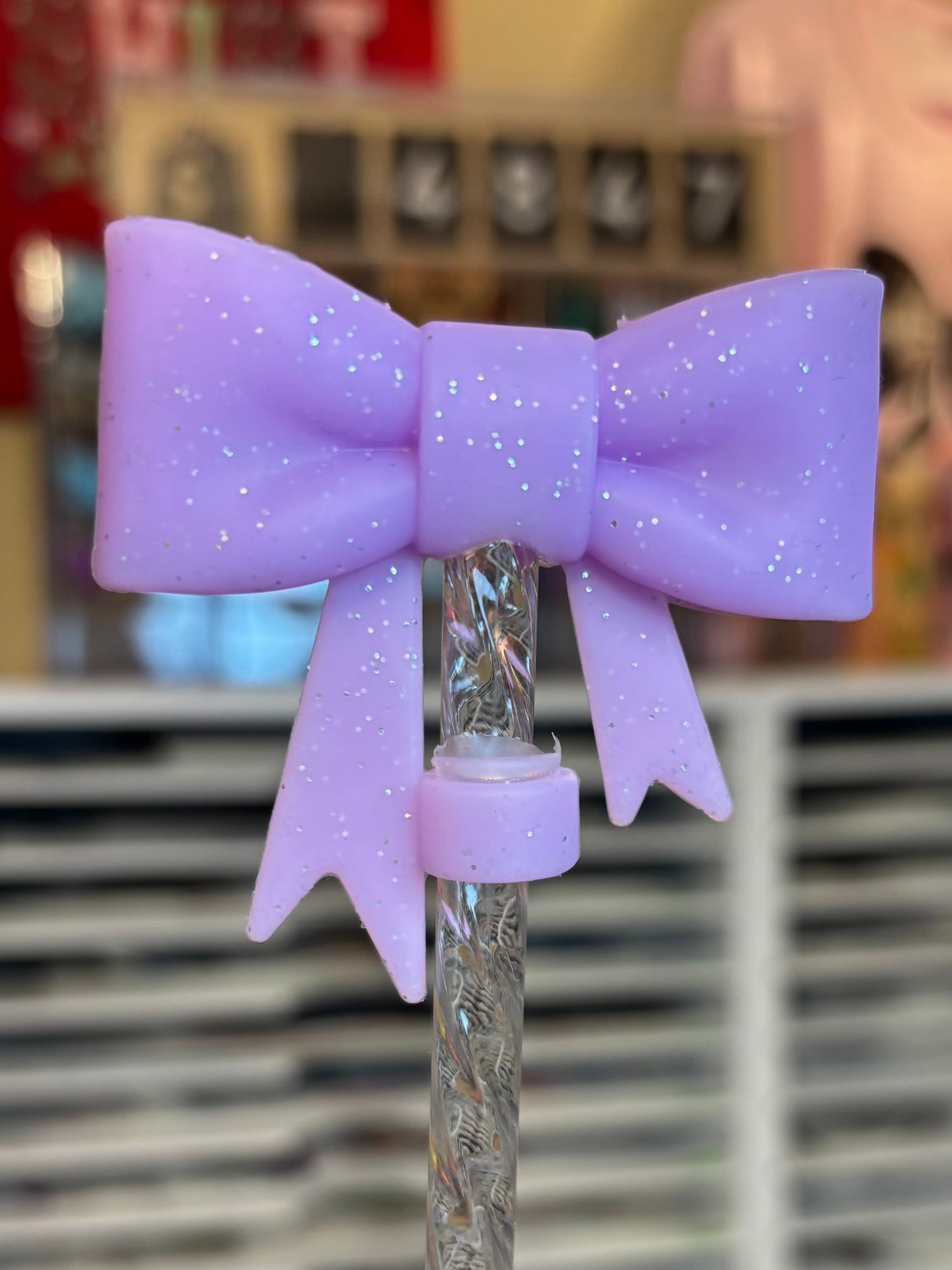 Purple Glitter-Bow Straw Topper