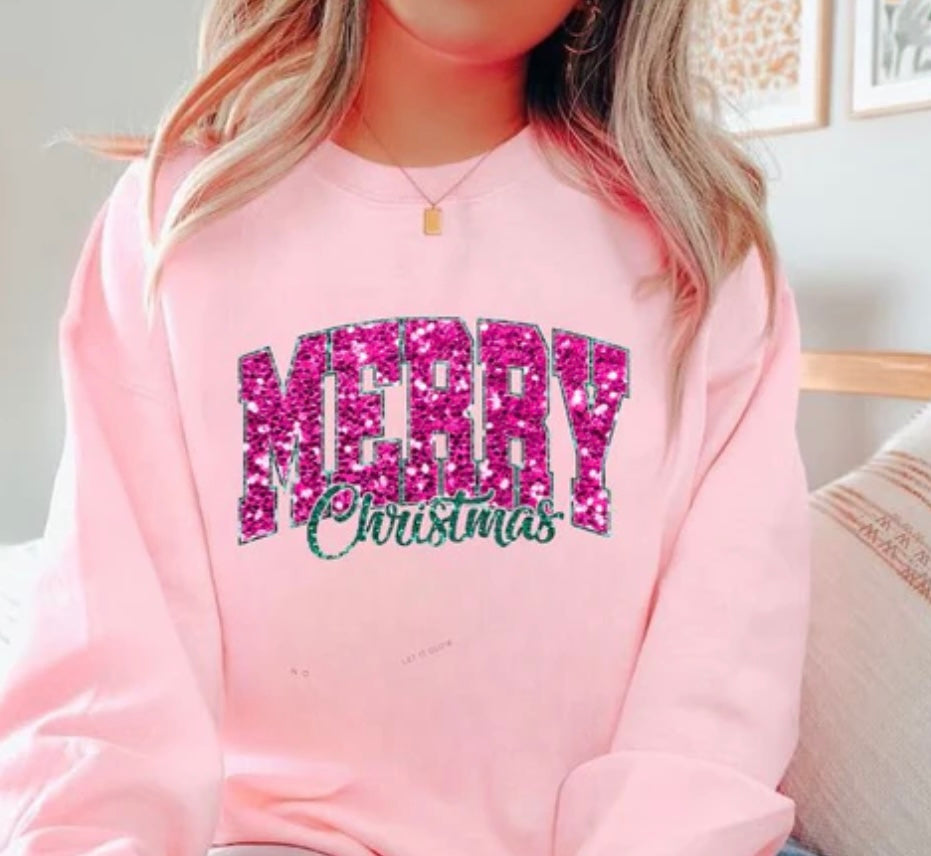 Merry Christmas “Faux Sequin” Pink and Teal